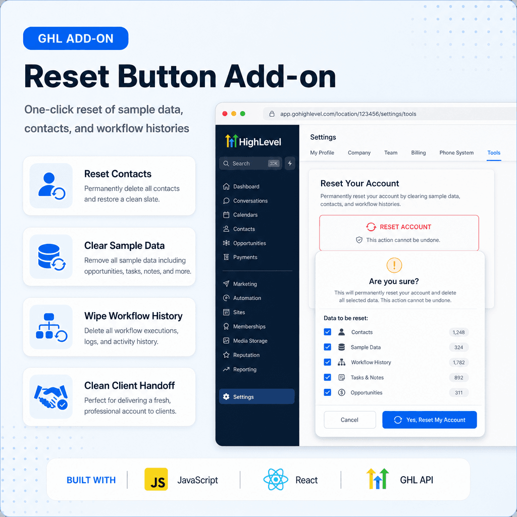 Reset Button Add-on showcase with GoHighLevel settings screen and reset confirmation modal