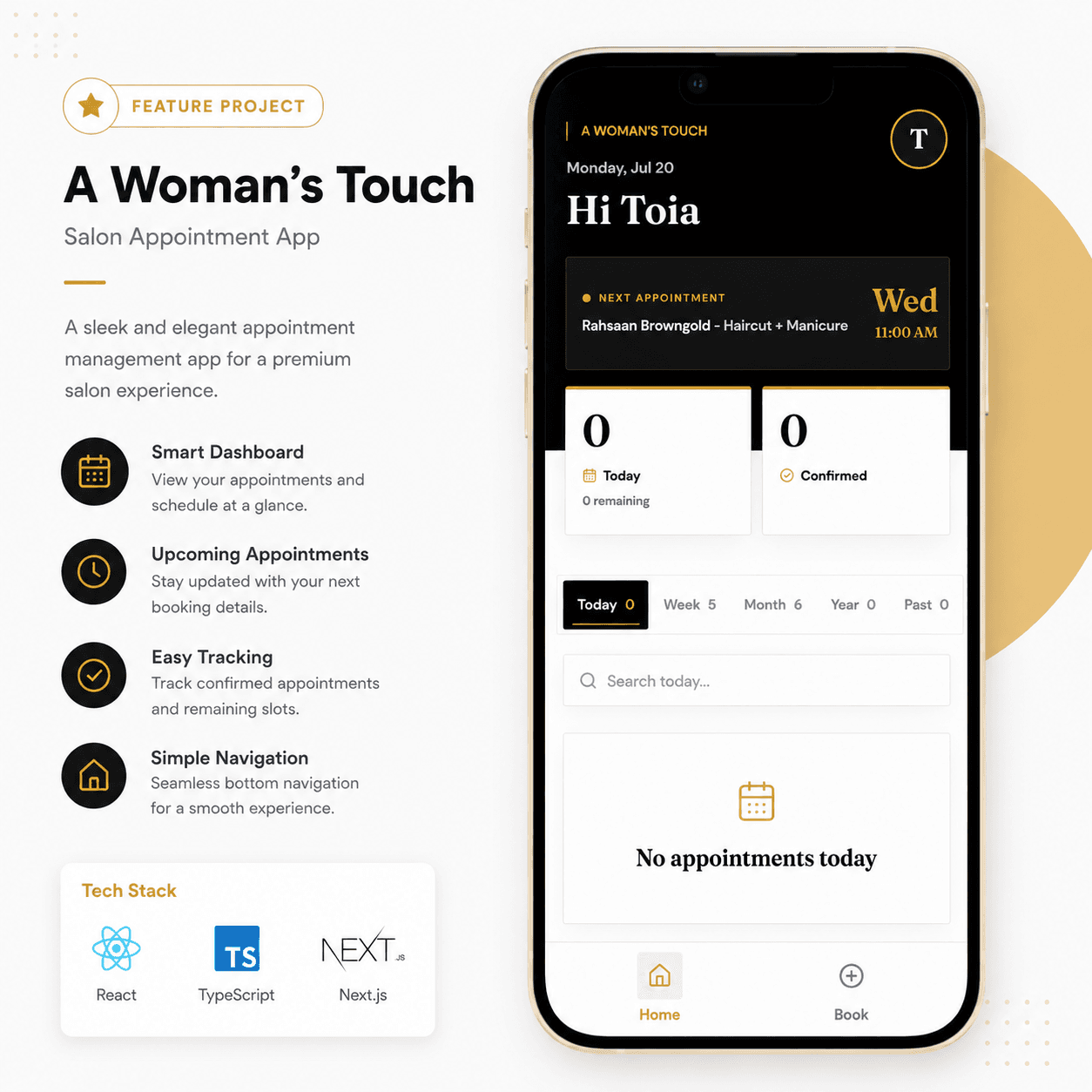 Salon appointment app showcase with mobile dashboard and booking features